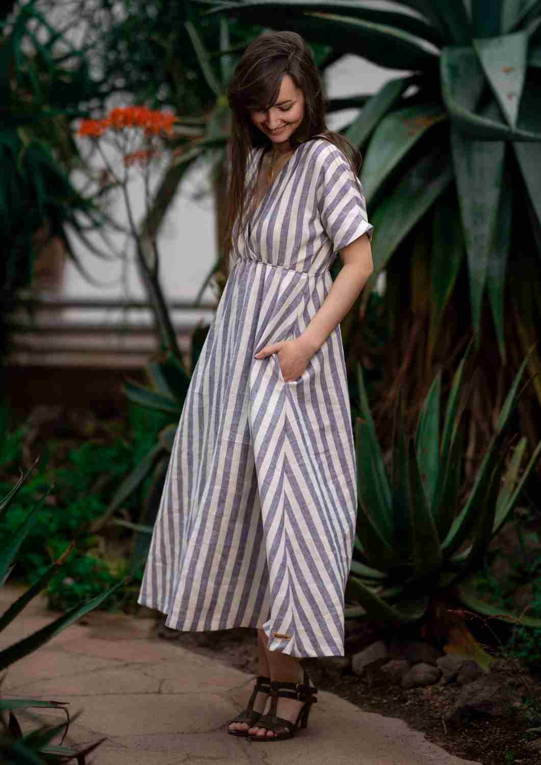 Boho Leinen Kleid Damen "Hyazinthe" mit weiten Kimonoärmeln