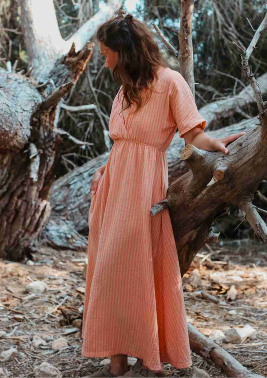 versandbereit: Boho Musselin Kleid Damen "Hyazinthe" mit weiten Kimonoärmeln, M, L, XL, apricot Streifen