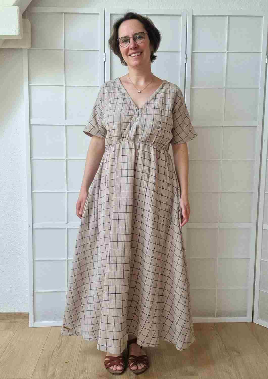 versandbereit: Boho Musselin Kleid Damen "Hyazinthe" mit weiten Kimonoärmeln, M, XL, Kiesel Karo