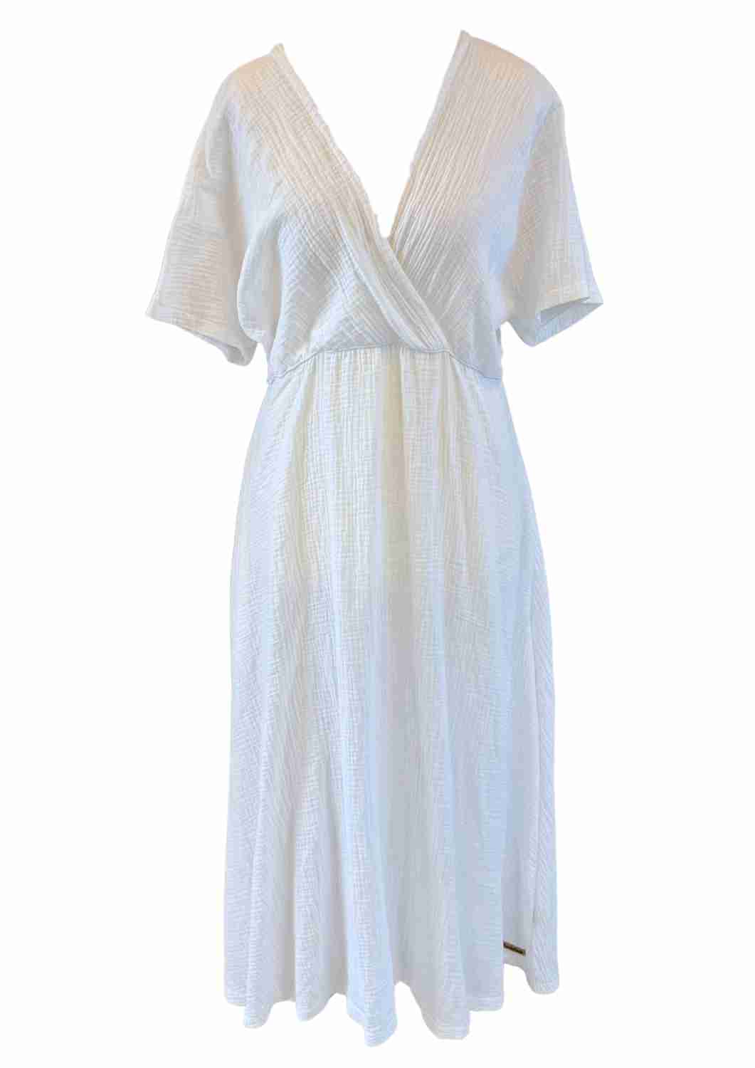 versandbereit: Boho Musselin Kleid Damen "Hyazinthe" mit weiten Kimonoärmeln, L, XL, weiß