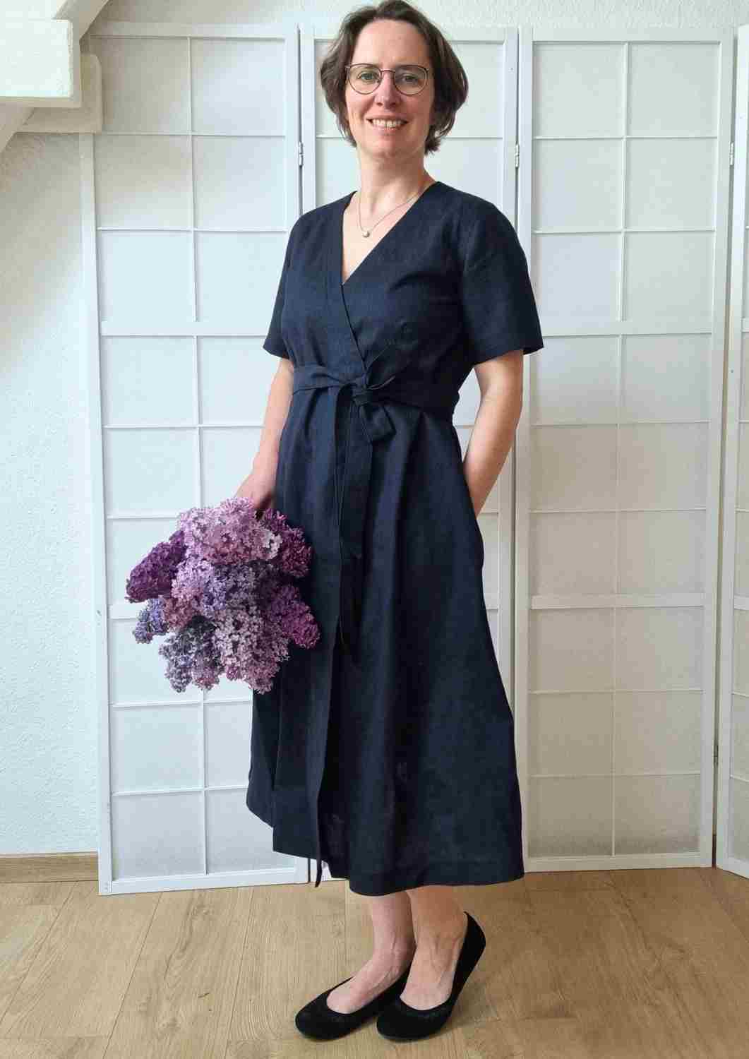 Wickelkleid Leinen "Ranunkel" für Damen, kurze Ärmel