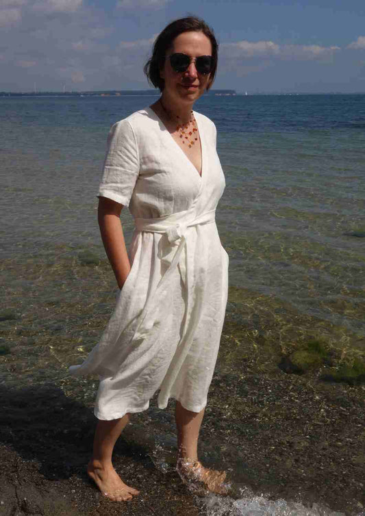 Wickelkleid Leinen "Ranunkel" für Damen, kurze Ärmel
