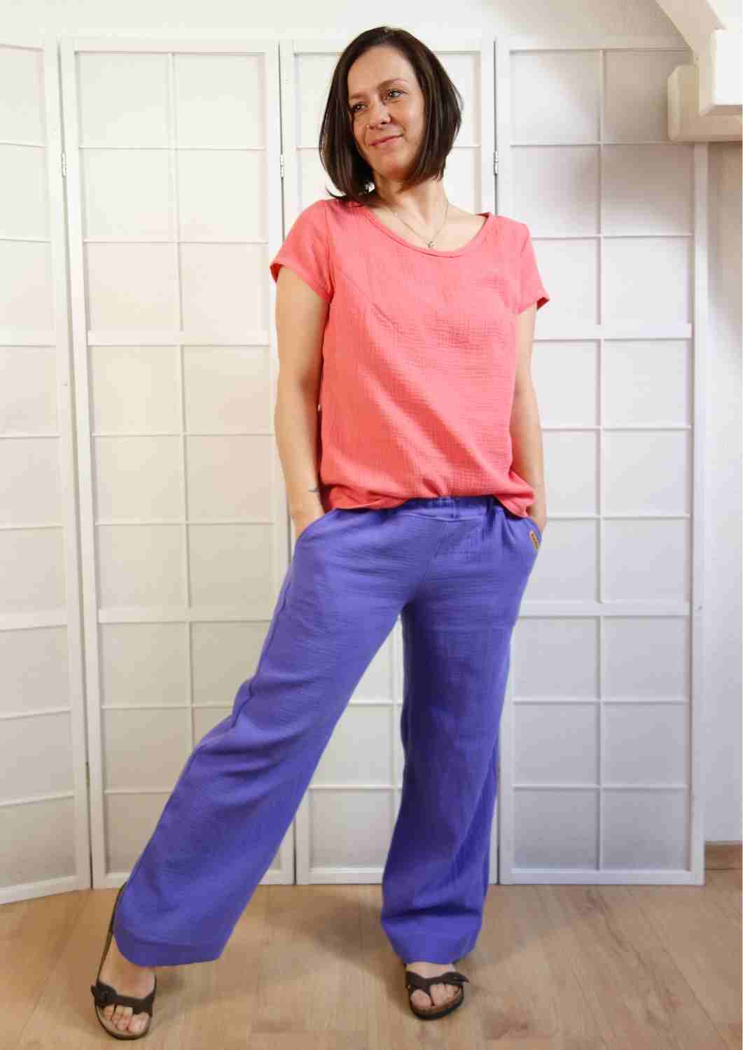 versandbereit: Culotte aus Musselin für Damen "Eibe", S, M, L, staublavendel, -5cm Länge