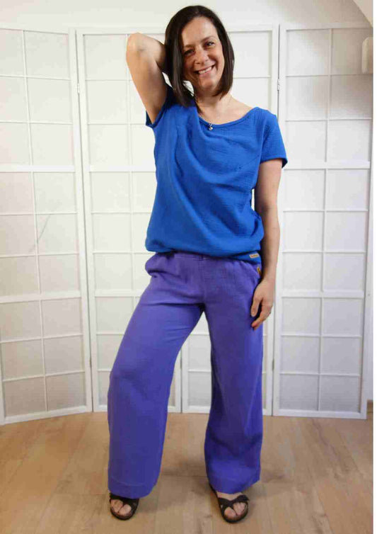 versandbereit: Culotte aus Musselin für Damen "Eibe", S, M, L, staublavendel, -5cm Länge