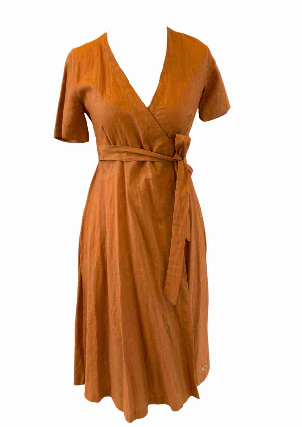 versandbereit: Wickelkleid Leinen "Ranunkel" für Damen, kurze Ärmel, S, cognac
