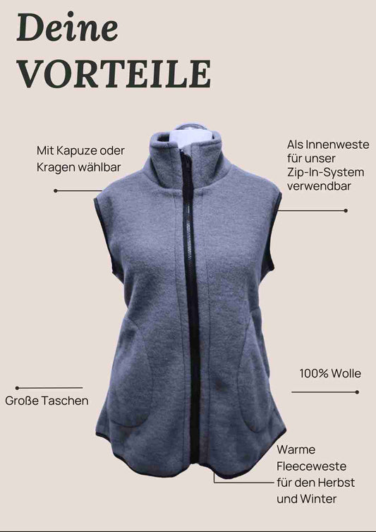 Zip-In Wollfleeceweste Damen "Springkraut" aus 100% Merinowolle, dunkelrot