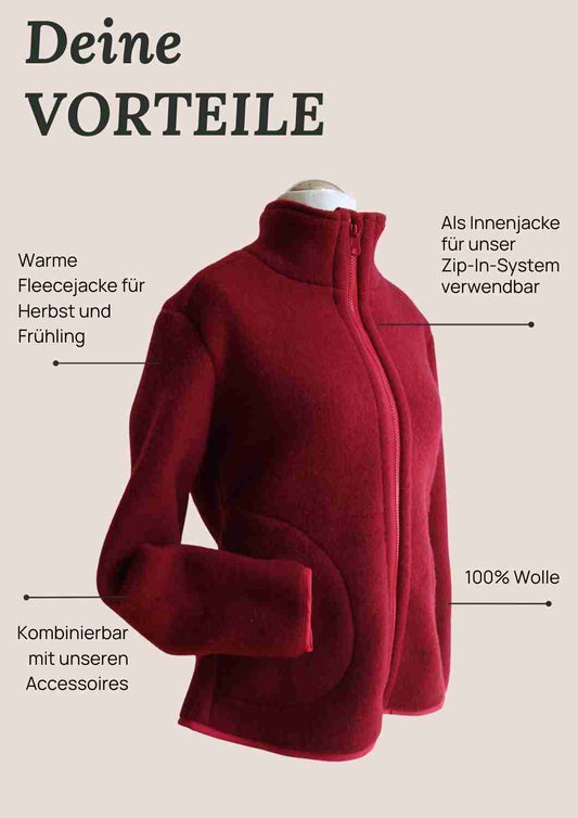 Zip-In Wollfleecejacke Damen "Heidekraut" aus 100% Merinowolle, dunkelrot