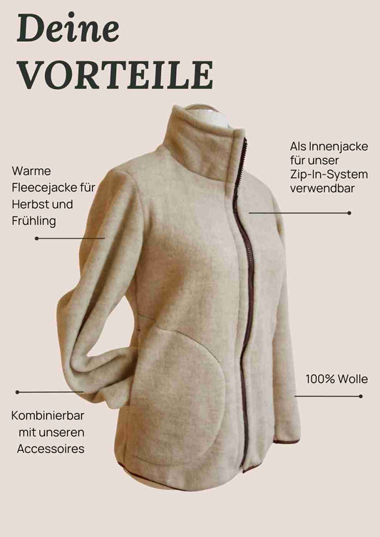 Zip-In Wollfleecejacke Damen "Heidekraut" aus 100% Merinowolle, perlgrau