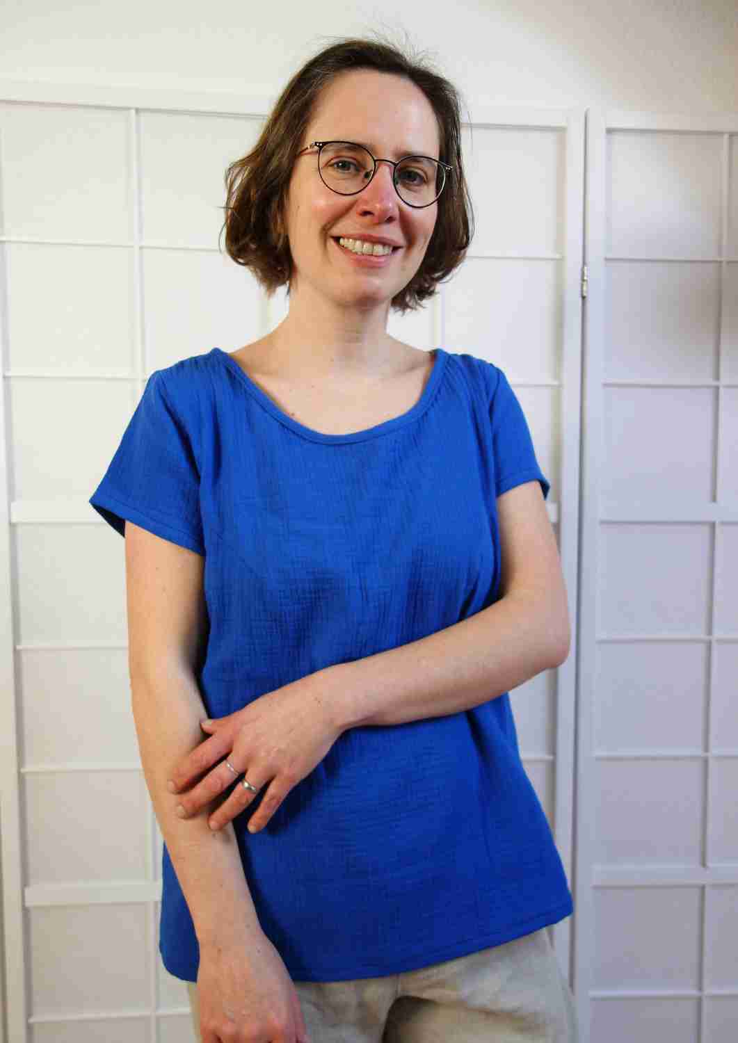 versandbereit: Bluse aus Musselin mit kurzen Ärmeln "Majoran", für Damen, kobaltblau, M