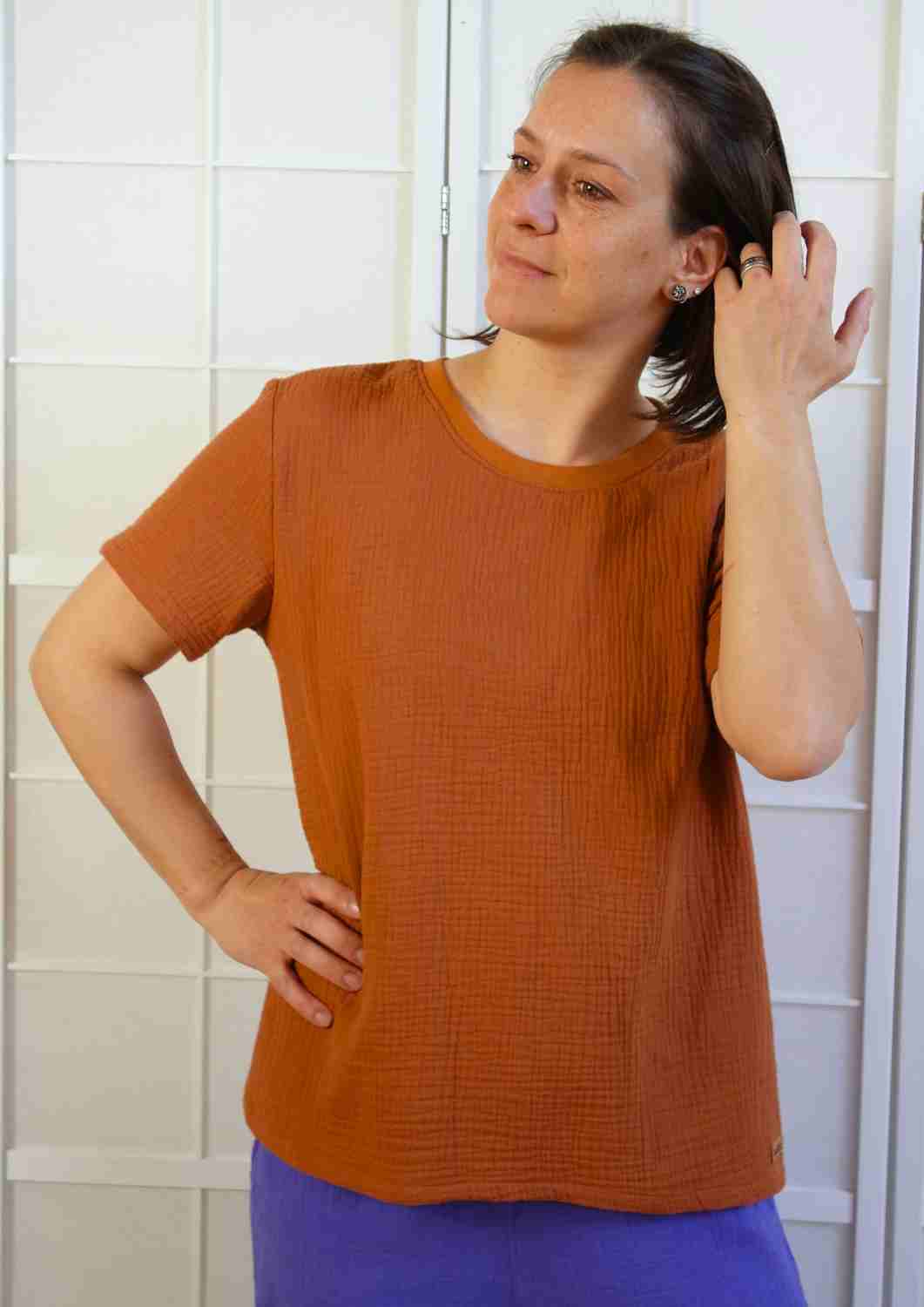 versandbereit: Oversize T-Shirt für Damen aus Musselin "Ehrenpreis", terra, M