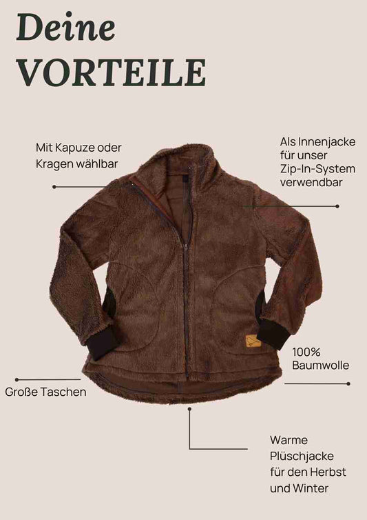 Plüschjacke Herren Bio-Baumwolle, Zip-In-Innenjacke, braun