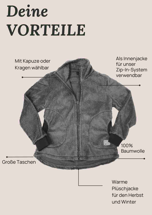 Plüschjacke Herren Bio-Baumwolle, Zip-In-Innenjacke, grau