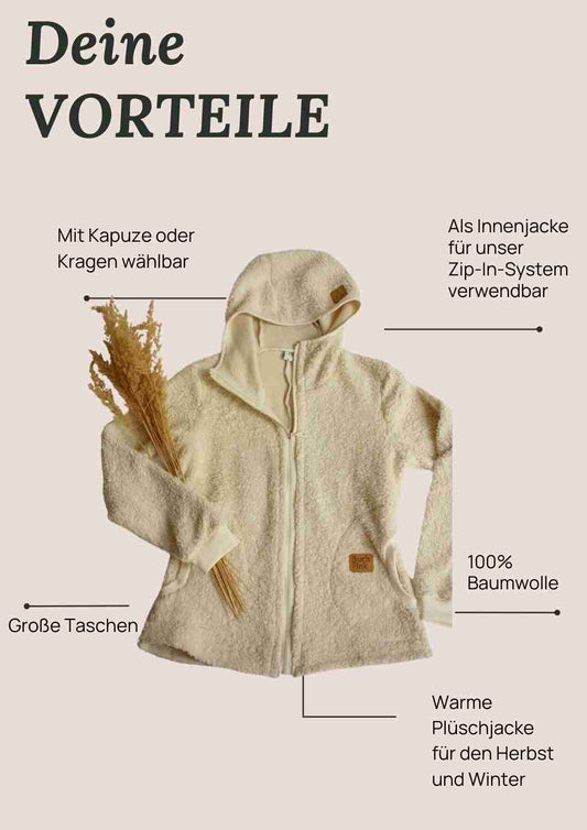 Plüschjacke Herren Bio-Baumwolle, Zip-In-Innenjacke, creme