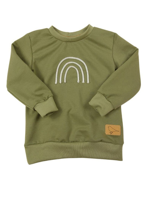versandbereit - Bio-Pullover mit Regenbogen, schilfgrün