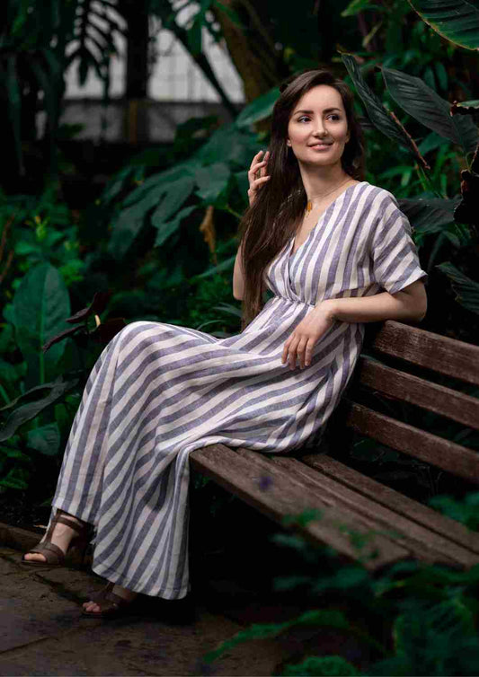 Boho Leinen Kleid Damen "Hyazinthe" mit weiten Kimonoärmeln