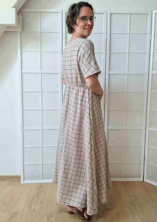 versandbereit: Boho Musselin Kleid Damen "Hyazinthe" mit weiten Kimonoärmeln, M, XL, Kiesel Karo