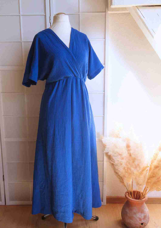 versandbereit: Boho Musselin Kleid Damen "Hyazinthe" mit weiten Kimonoärmeln, S,  XL, kobaltblau