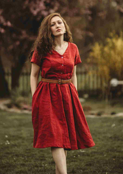 Leinen Kleid mit Knopfleiste "Cosmea", kurze Ärmel