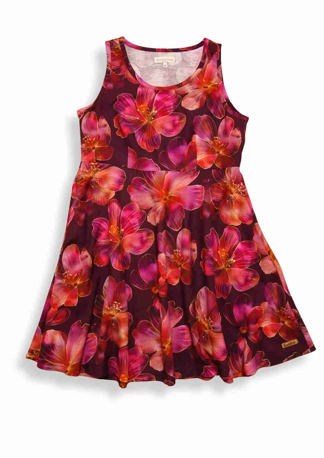 versandbereit: Ärmelloses Leinen Kleid Damen "Hortensie", S, M, XL, Hibiskusblüten