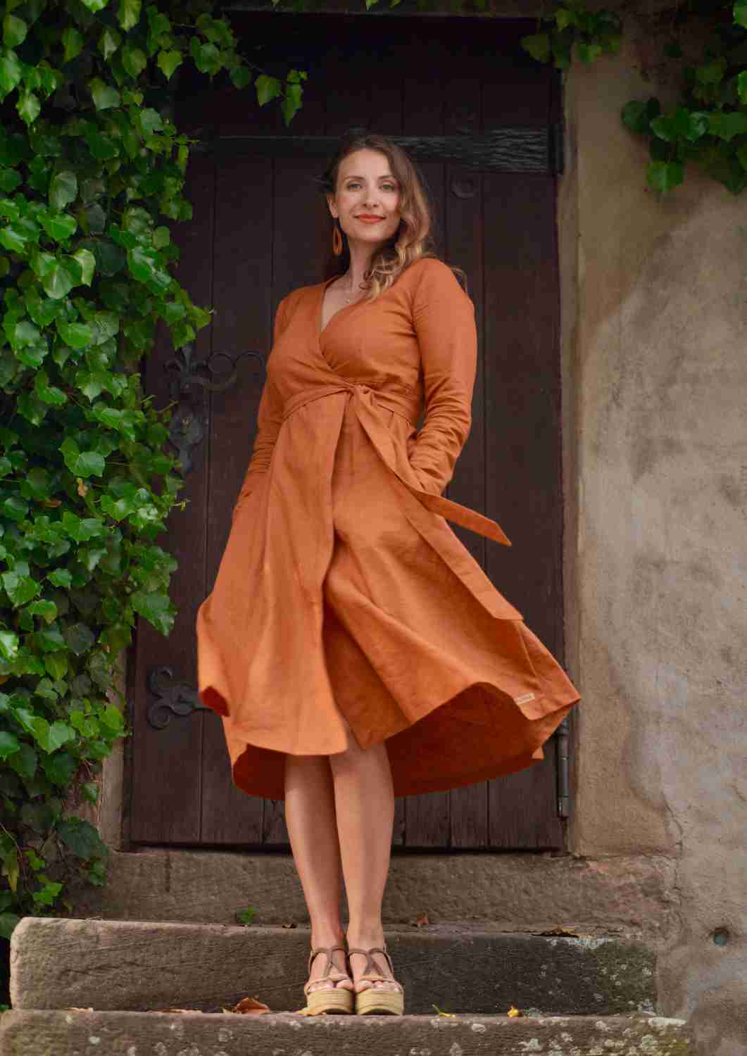 Wickelkleid Leinen "Ranunkel" für Damen, lange Ärmel