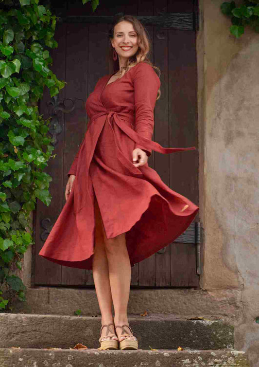 Wickelkleid Leinen "Ranunkel" für Damen, lange Ärmel