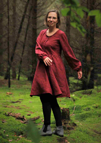 versandbereit: Leinen Kleid mit Knopfleiste "Cosmea", lange Ärmel, S, bordeaux