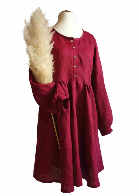 versandbereit: Leinen Kleid mit Knopfleiste "Cosmea", lange Ärmel, S, bordeaux