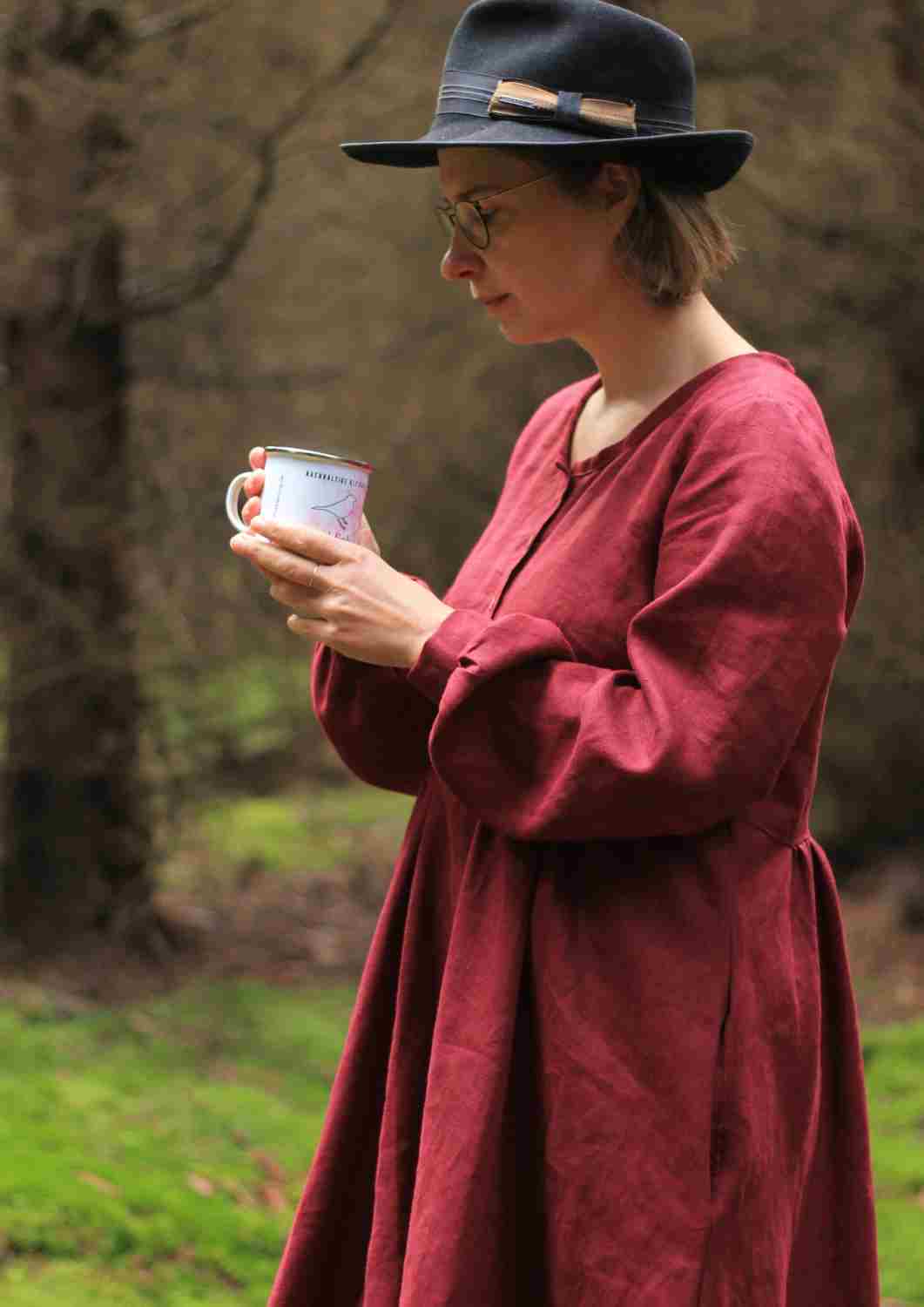 versandbereit: Leinen Kleid mit Knopfleiste "Cosmea", lange Ärmel, S, bordeaux