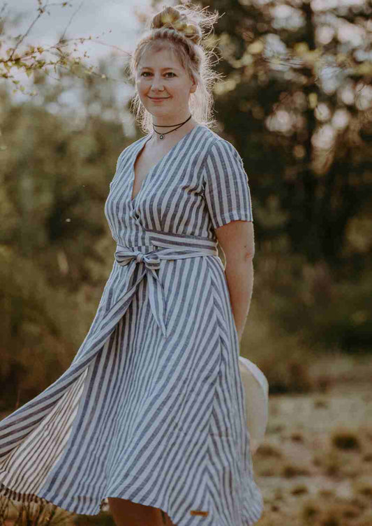 Wickelkleid Leinen "Ranunkel" für Damen, kurze Ärmel