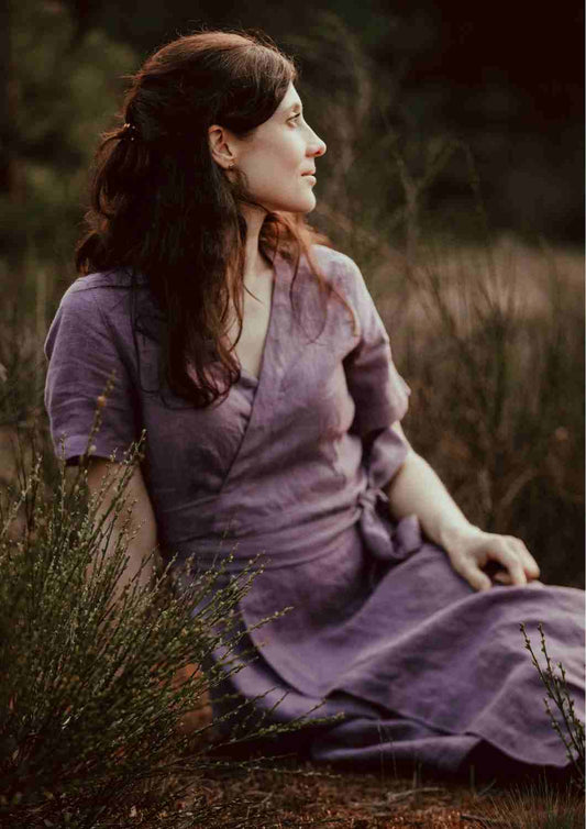 Wickelkleid Leinen "Ranunkel" für Damen, kurze Ärmel