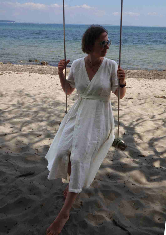 Wickelkleid Leinen "Ranunkel" für Damen, kurze Ärmel