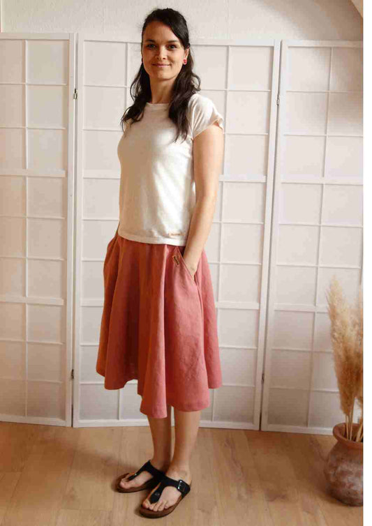 Versandbereit: Leinen Rock für Damen "Chrysantheme", pfirsich, Gr S, L, XL