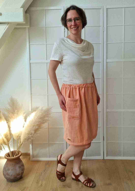 versandbereit: Musselinrock in Midi-Länge mit Tasche, apricot Streifen, S, M, L, XL
