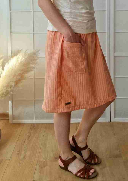 versandbereit: Musselinrock in Midi-Länge mit Tasche, apricot Streifen, S, M, L, XL