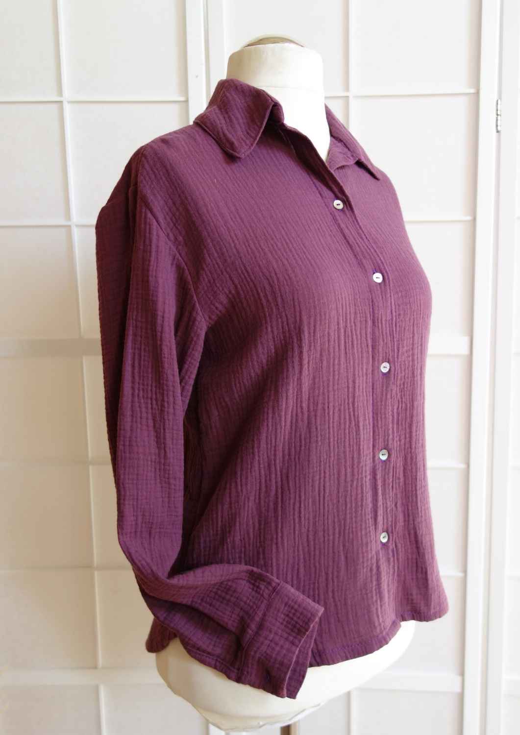 versandbereit: Musselin Bluse Oversize, lange Ärmel, für Damen, Bio-Baumwolle, aubergine, S