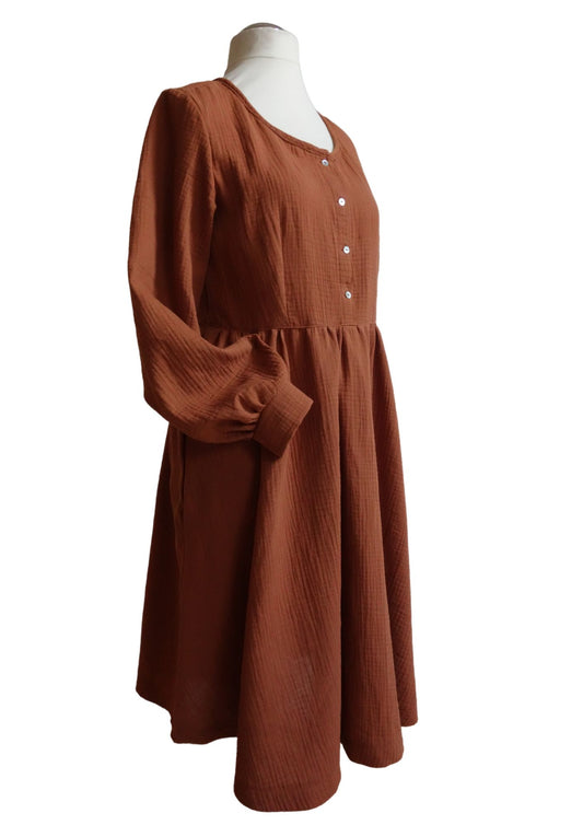 versandbereit: Midi Musselin Kleid Damen "Cosmea", lange Ärmel, L, terrakotta