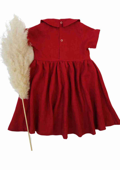 versandbereit Leinenkleid für Mädchen mit Peter Pan Kragen "Kornblume", kurzarm, 134/140, rot