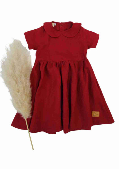 versandbereit Leinenkleid für Mädchen mit Peter Pan Kragen "Kornblume", kurzarm, 134/140, rot