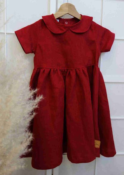 versandbereit Leinenkleid für Mädchen mit Peter Pan Kragen "Kornblume", kurzarm, 134/140, rot