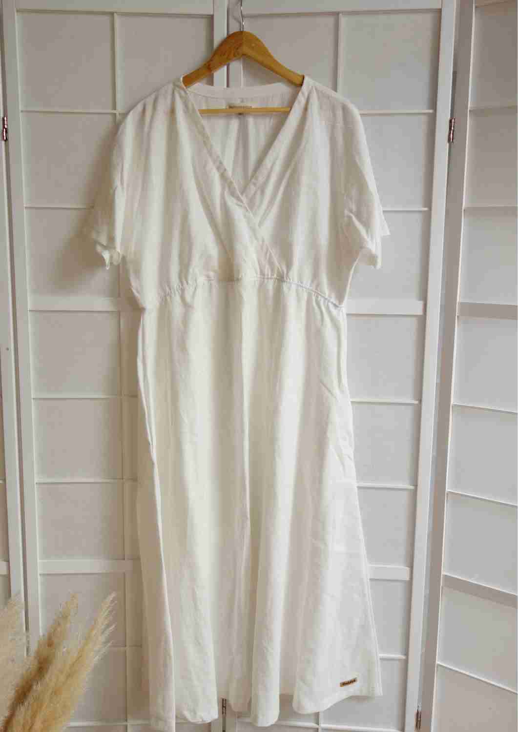 versandbereit: Boho Leinen Kleid Damen "Hyazinthe" mit weiten Kimonoärmeln, XXL, weiß