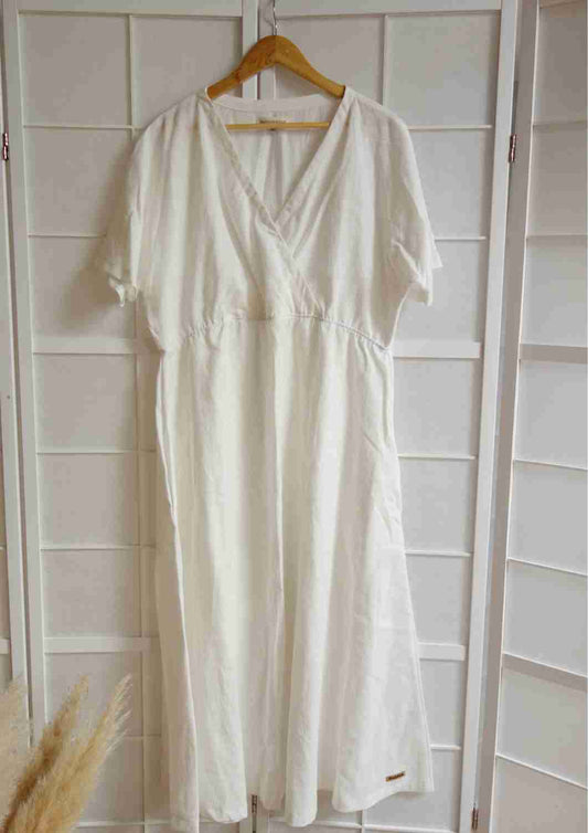 versandbereit: Boho Leinen Kleid Damen "Hyazinthe" mit weiten Kimonoärmeln, XXL, weiß