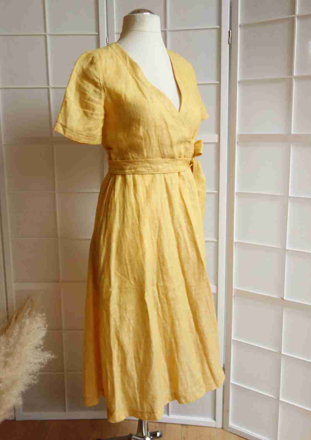 versandbereit: Wickelkleid Leinen "Ranunkel" für Damen, kurze Ärmel, S, M, L, gelb meliert