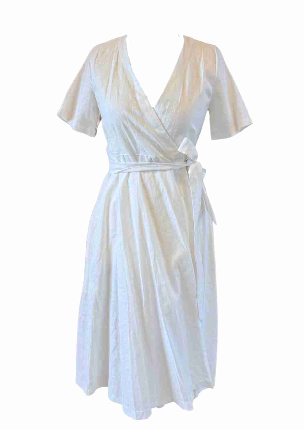 versandbereit: Wickelkleid Leinen "Ranunkel" für Damen, kurze Ärmel, S, weiß