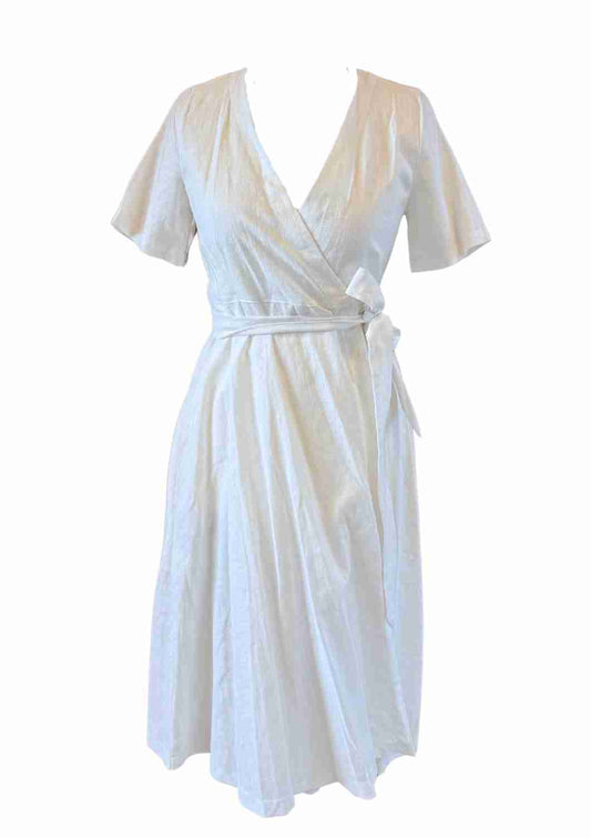 versandbereit: Wickelkleid Leinen "Ranunkel" für Damen, kurze Ärmel, S, weiß