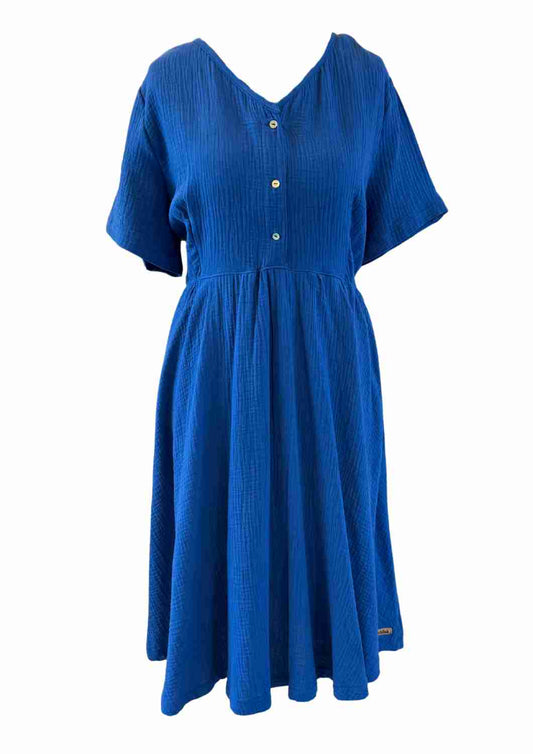 versandbereit: Midi Musselin Kleid Damen "Cosmea", kurze Ärmel, XL, kobaltblau