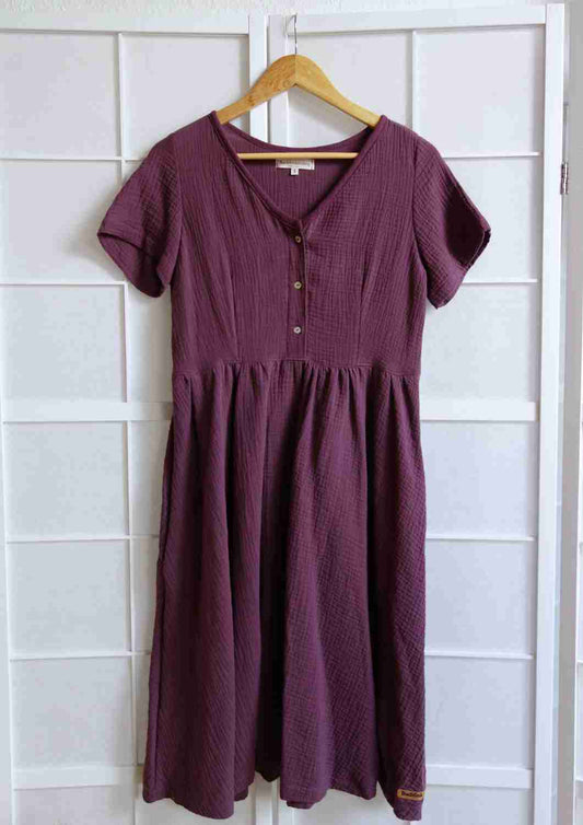 versandbereit: Midi Musselin Kleid Damen "Cosmea", kurze Ärmel, S, aubergine