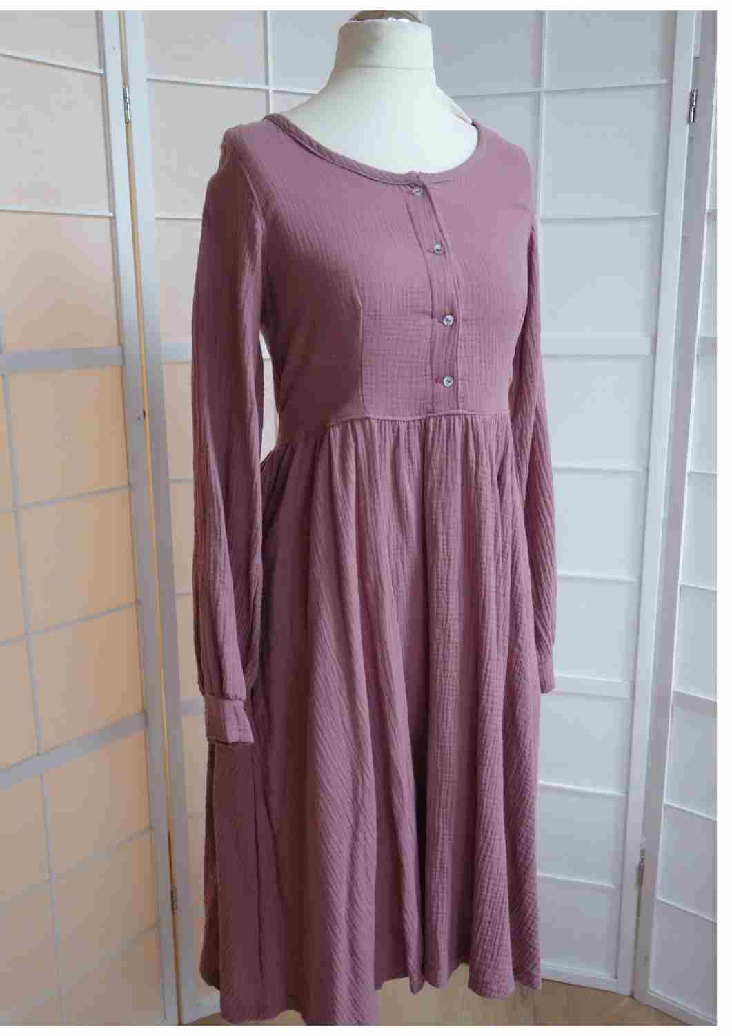 versandbereit: Midi Musselin Kleid Damen "Cosmea", lange Ärmel, S, altrosa