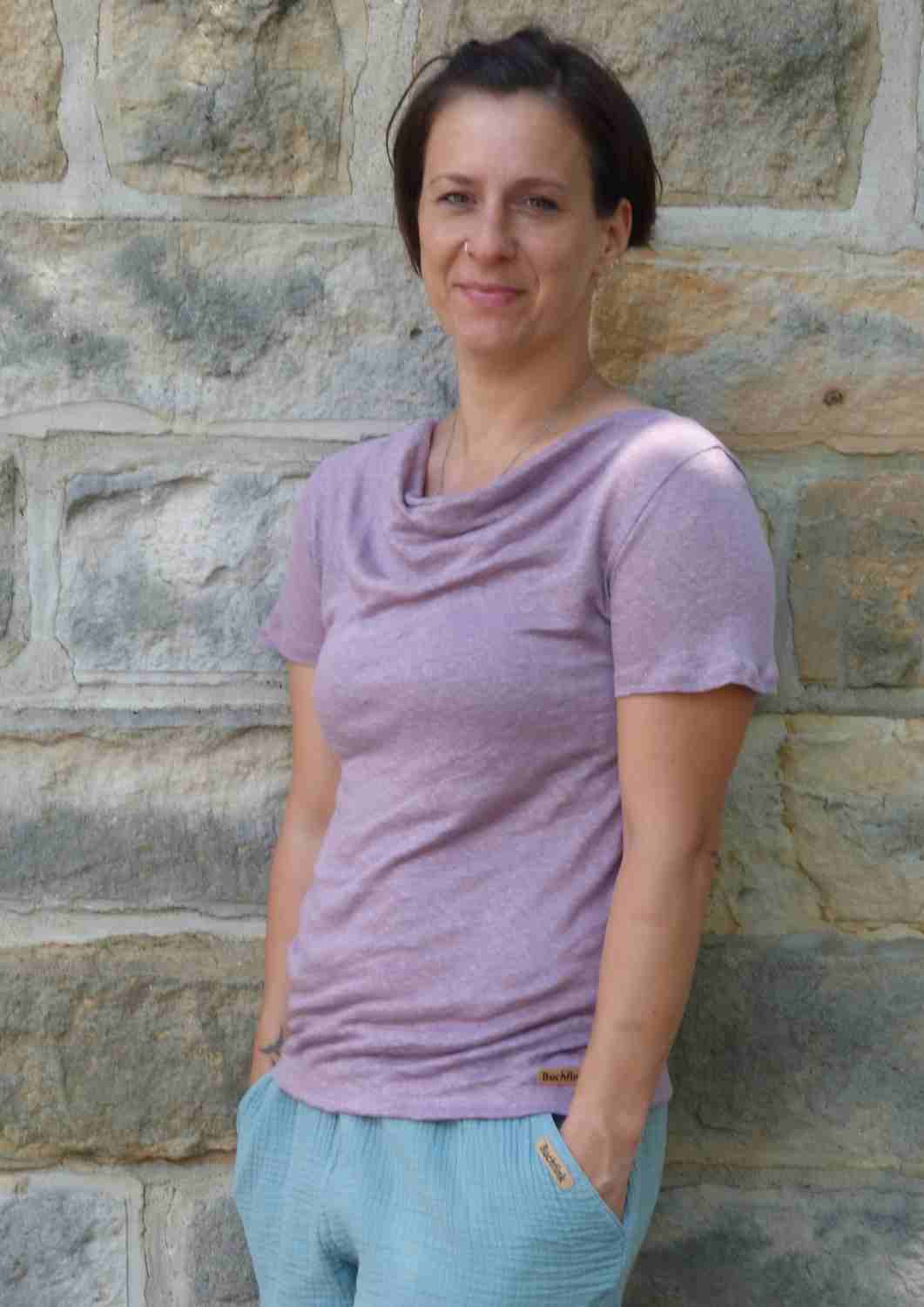 Bio Wasserfallshirt "Anemone" aus Feinstrick-Leinen, kurze Ärmel