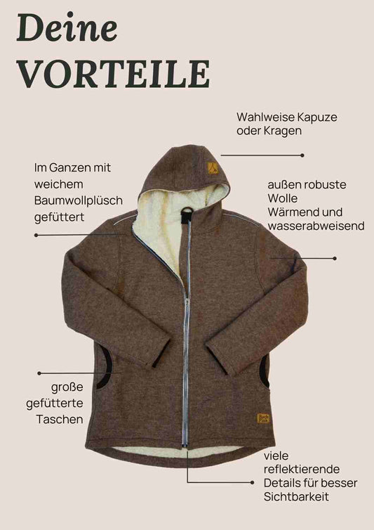 Walkjacke für Herren, gefüttert mit Bio-Baumwollplüsch, "Hagebutte", reflektierend