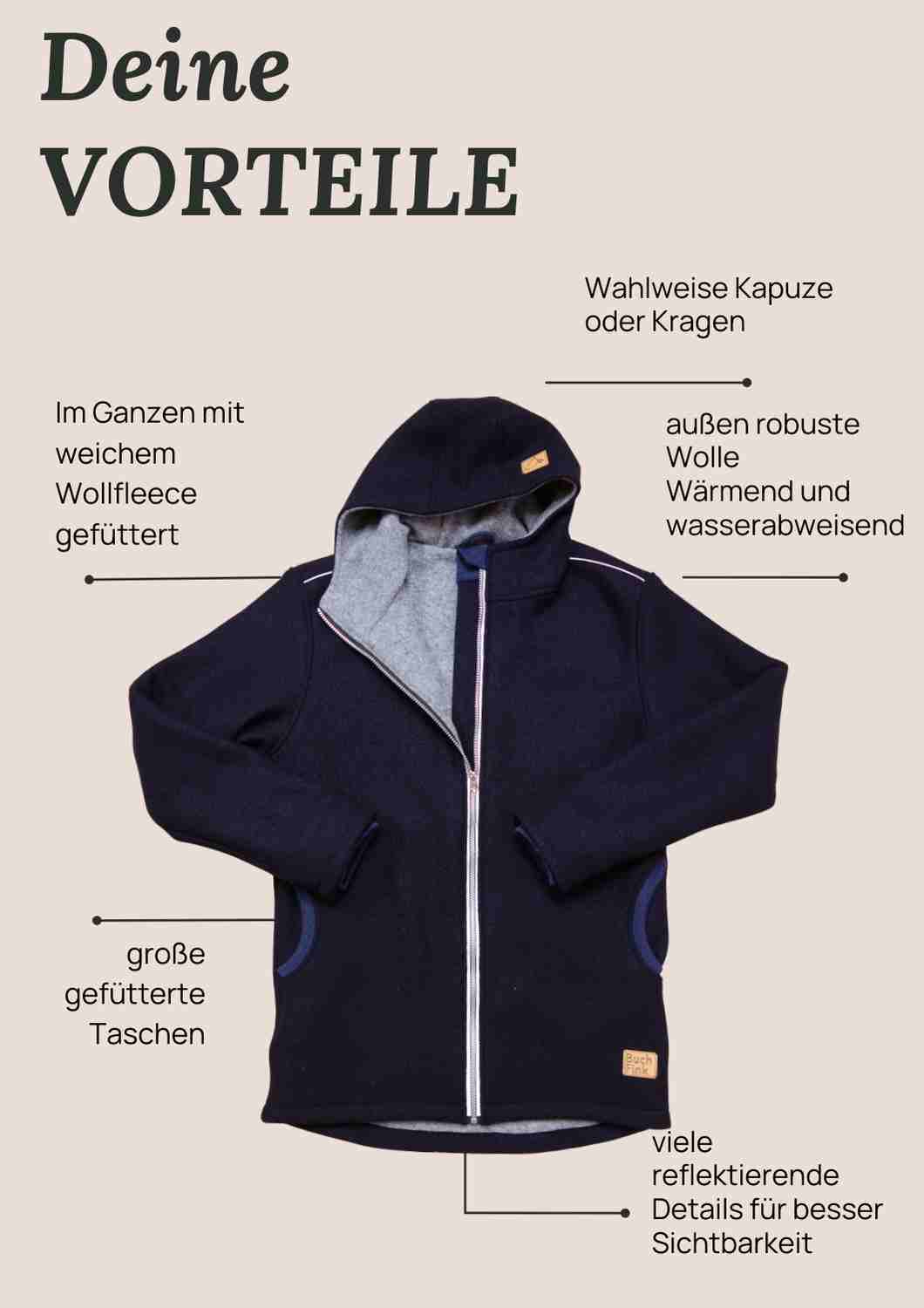 Walkjacke für Herren gefüttert mit Wollfleece, "Heckenrose"